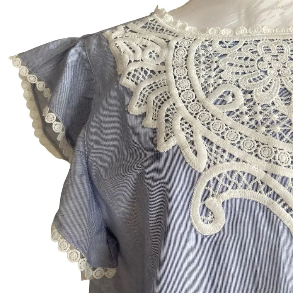 NWT Loft Blue White Stripe Crochet Lace Pinafore Old Money Dress Size Large - Picture 7 of 16